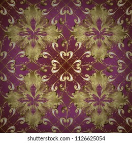 Classical luxury old fashioned damask ornament, victorian seamless texture for wallpapers, textile, wrapping. Vector cute seamless pattern background. Vector. Illustration in purple, brown colors.