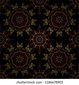 Classical luxury old fashioned damask ornament, royal victorian seamless texture for fabric, textile, wrapping. Exquisite baroque template. Vector damask seamless pattern in yellow and brown colors.