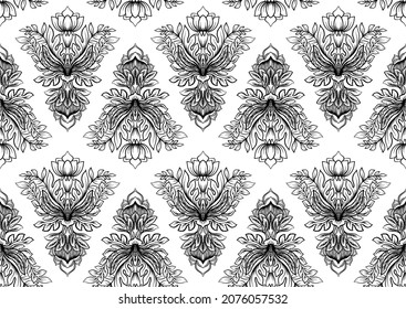 El lujoso y clásico adorno adamascado de estilo antiguo, barroco floral victoriano real. Patrón sin inconvenientes, fondo. Ilustración del vector de dibujo manual de contorno.