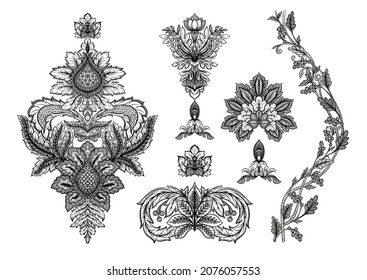Klassischer Luxus altmodischer Damast-Ornament, königliche viktorianische Blumenbarocke. Clipart, Set von Elementen für die Vektorgrafik.