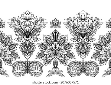Klassischer Luxus altmodischer Damast-Ornament, königliche viktorianische Blumenbarocke. Nahtloses Muster, Hintergrund. Umrisszeichnung, Vektorgrafik.