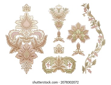 Classical luxury old fashioned damask ornament, royal victorian floral baroque. Clip art, set of elements for design Vector illustration.