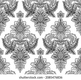 El lujoso y clásico adorno adamascado de estilo antiguo, barroco floral victoriano real. Patrón sin inconvenientes, fondo. Ilustración del vector de dibujo manual de contorno.