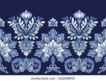 El lujoso y clásico adorno adamascado de estilo antiguo, barroco floral victoriano real. Patrón sin inconvenientes, fondo. Ilustración vectorial de los colores azul marino. 