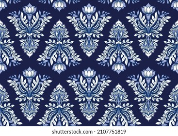 El lujoso y clásico adorno adamascado de estilo antiguo, barroco floral victoriano real. Patrón sin inconvenientes, fondo. Ilustración vectorial de los colores azul marino. 