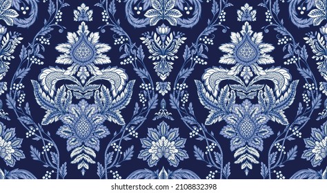 Classical luxury old fashioned damask ornament, royal victorian floral baroque. Seamless pattern, background. Vector illustration on navy blue colors. 