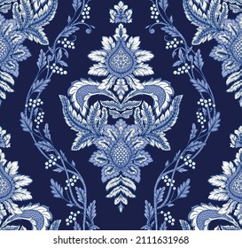 Classical Luxury Old Fashioned Damask Ornament, Royal Victorian Floral Baroque. Seamless Pattern, Background. Vector Illustration On Navy Blue Colors. 