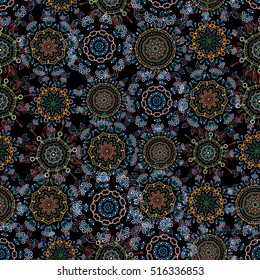 Classical luxury old fashioned damask ornament, royal victorian texture for fabric, textile, print. Exquisite floral baroque template. Vector damask seamless pattern element in blue and orange colors.