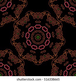 Classical luxury old fashioned damask ornament. Royal victorian seamless texture for wallpapers, textile, wrapping. Vector damask seamless pattern element in orange, red and brown colors.