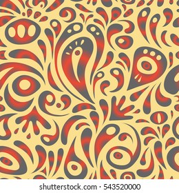 Classical luxury old fashioned damask ornament, royal victorian seamless texture for wallpapers, textile, fabric. Exquisite doodle sketch. Vector damask seamless pattern in gray, yellow and red colors