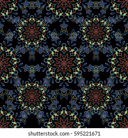 Classical luxury old fashioned damask ornament, royal victorian seamless texture for textile or wrapping. Exquisite baroque template in green, blue and orange colors.