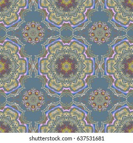 Classical luxury old fashioned damask ornament, royal victorian seamless texture for wallpapers, textile, wrapping. Exquisite baroque template in blue and yellow colors. Vector damask seamless pattern