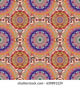 Classical luxury old fashioned damask ornament, royal victorian seamless texture for textile or printing. Exquisite baroque template in orange, pink and blue colors. Vector damask seamless pattern.