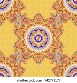 Classical luxury old fashioned ornament, royal victorian seamless texture for fabric, textile, wrapping. Exquisite doodle baroque template. Vector damask seamless pattern in orange and beige colors.