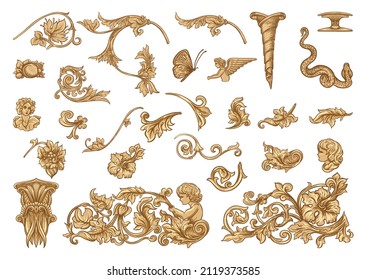 Classical luxury old fashioned royal baroque, historical ornament with lilies, victorian floral Clip art, set of elements for design Vector illustration.