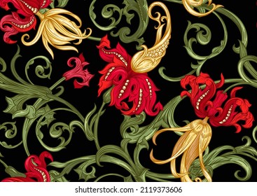 Classical luxury old fashioned royal baroque, historical ornament with lilies, victorian floral Seamless pattern, background. Vector illustration.