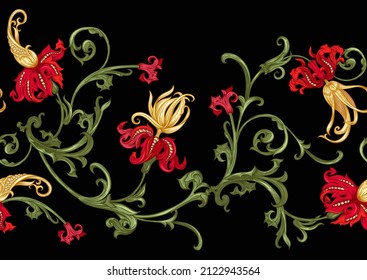 Classical luxury old fashioned royal baroque, historical ornament with lilies, victorian floral Seamless pattern, background. Vector illustration.