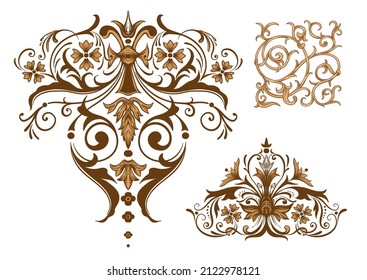 Classical luxury old fashioned royal baroque, historical ornament with lilies, victorian floral Clip art, set of elements for design Vector illustration.