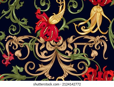 Classical luxury old fashioned royal baroque, historical ornament with lilies, victorian floral Seamless pattern, background. Vector illustration.