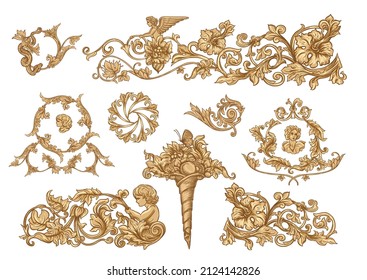 Classical luxury old fashioned royal baroque, historical ornament with lilies, victorian floral Clip art, set of elements for design Vector illustration.