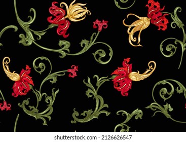 Clásico lujoso estilo antiguo real barroco, adorno histórico con lirios, estampado victoriano floral sin foco, fondo. Ilustración vectorial.