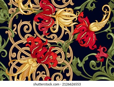 Classical luxury old fashioned royal baroque, historical ornament with lilies, victorian floral Seamless pattern, background. Vector illustration.