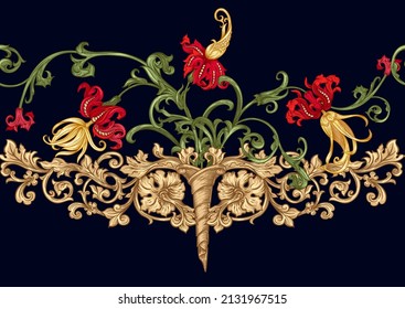 Classical luxury old fashioned royal baroque, historical ornament with lilies, victorian floral Seamless pattern, background. Vector illustration.