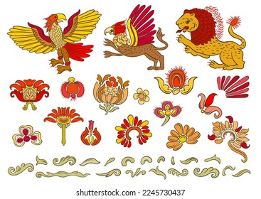 Clásica lujosa decoración real a la antigua, adorno histórico con leones, griffons y águila Clip art, conjunto de elementos para el diseño Ilustración vectorial.