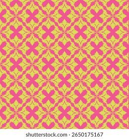 Clásica patrón floral de damasco amarillo sin costuras de moda antigua sobre fondo rosa. Ilustración vectorial para un diseño textil elegante.