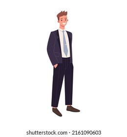 Classical male suits. Man wearing ties and jackets of different colors and styles flat vector illustration