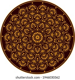 classical Mandala, rosette, eight-pointed star, set of Ornamental vector rosettes, snowflakes gold on burgundy background