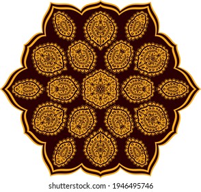 classical Mandala, rosette, eight-pointed star, set of Ornamental vector rosettes, snowflakes gold on burgundy background