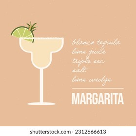 Classical margarita recipe. Refreshing cocktail with ingredients. Summer alcoholic cocktail with tequila, mint and lime. Vector illustration