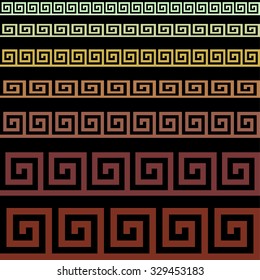 Classical meander ancient Greek pattern. Brown, beige, grey on dark brown. Backgrounds & textures shop.