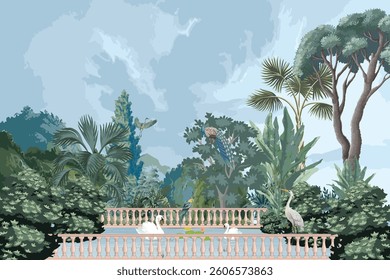 Classical Mughal garden Illustration, peacock, bird, botanical tree and flower for wallpaper, swans water lilies in a lake.