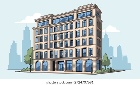 Klassisches mehrstöckiges Gebäude mit großen Fenstern und bogenförmigen Eingängen an einer Straßenecke in der Stadt mit Bäumen und Straßenlaternen in der Nähe.