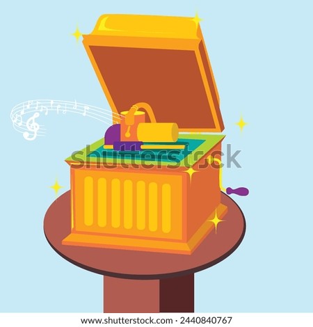Classical music box singing music on a wooden table, vector illustration