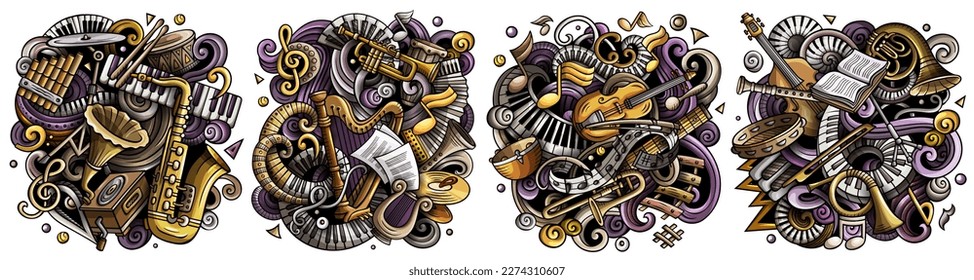 classical music cartoon vector doodle designs set. Colorful detailed compositions with lot of musical objects and symbols. Isolated on white illustrations