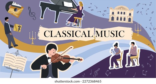 Classical music composition with collage of flat doodle style icons with grand piano and violin players vector illustration