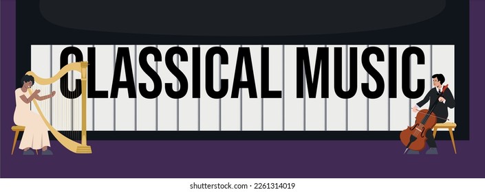 Classical music composition of flat text surrounded by musicians woman playing harp and man playing violin vector illustration
