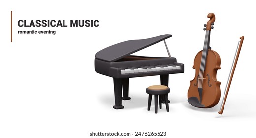 Classical music concept. Piano, stool, violin, bow. Set of vector templates