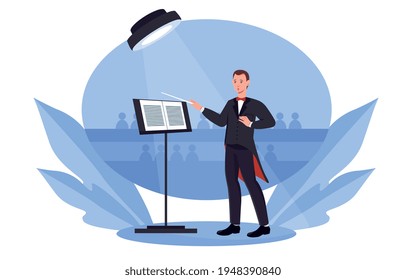 Classical music concert. Conductor is standing on the stage under spotlight wearing tuxedo holding stick. Flat cartoon vector illustration concept design. Simple art isolated on white background.