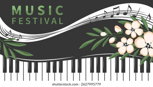 Classical music concert or festival poster. Piano decorated with flowers.Vector banner for music events.