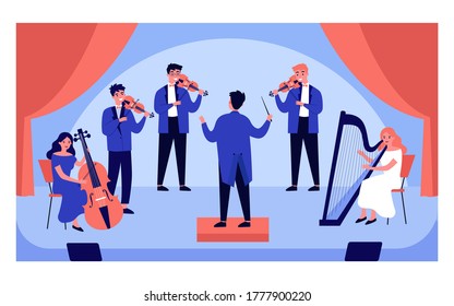 Concierto de música clásica aislado de ilustración vectorial plana. Orquesta sinfónica de dibujos animados, director de orquesta y músicos con violines, chelo y arpa en el escenario. Ópera, teatro y entretenimiento