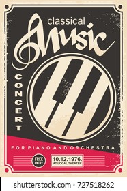 Classical music concert for piano and orchestra retro poster design layout. Vintage flyer advertise for music event.