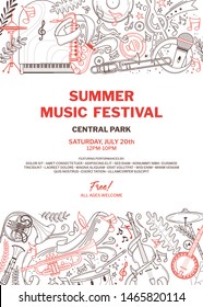 Classical music concert poster vector outline template. Summer jazz festival flyer layout. Blues band performance brochure. Musical instruments thin line illustration. Cello, trumpet doodle drawing