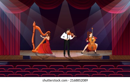 Classical music concert. Symphonic orchestra group on theatre, opera scene. Musicians band on stage. Woman in red dress playing harp. Man violinist. Girl play on cello. Empty hall. Vector illustration