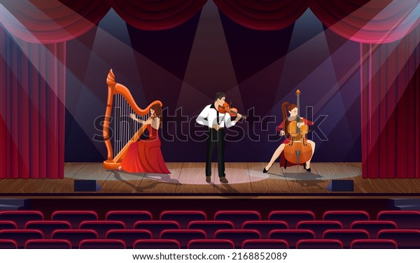 Classical music concert. Symphonic orchestra\
group on theatre, opera scene. Musicians band on stage. Woman in\
red dress playing harp. Man violinist. Girl play on cello. Empty\
hall. Vector\
illustration