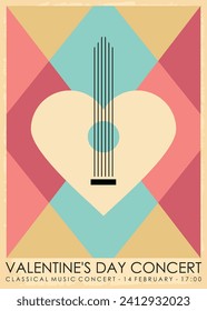 Classical music concert for Valentines day abstract poster desugn. Guitar and heart vector shapes and design elements. Festive vector illustration.