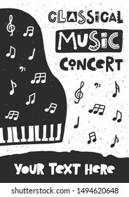 Classical music concert vector banner template. Piano silhouette with stylized lettering. Cultural entertainment. Musical instrument with notes, live show poster with text space